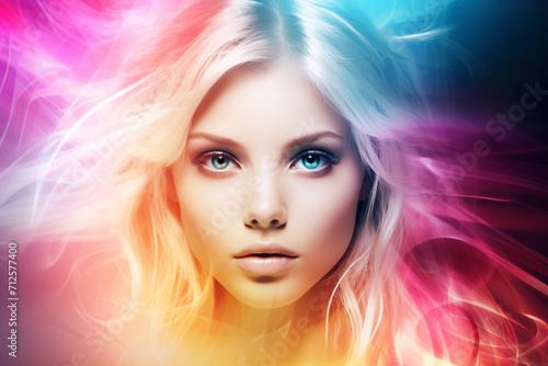 Blond young woman portrait with digital holografic effect