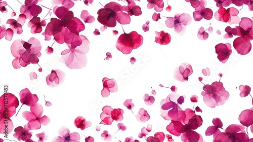  a bunch of pink flowers that are flying in the air on a white background with space for text or image.