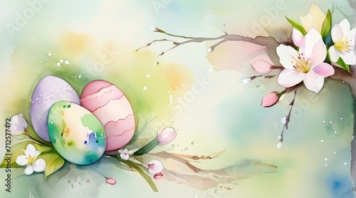 colorful easter eggs flowers Stylish minimal Compositions in pastel colors, spring white cherry blossom branch. Top view, flatly, spring concept. 