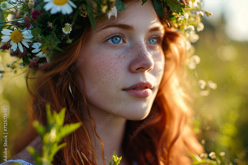 Closeup of redhead girl with flower wreath in summer meadow