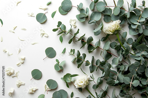 Frame of green eucalyptus brunches on white background photo