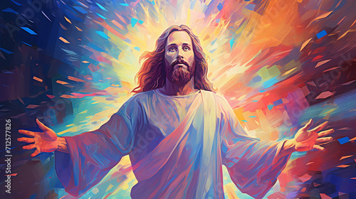 Vibrant and psychedelic portrait of Jesus Christ, a unique and artistic representation. photo