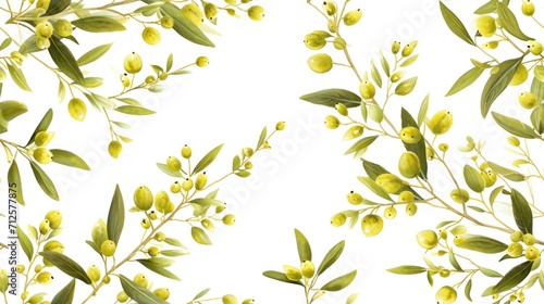  a close up of a bunch of olives on a tree branch with green leaves and buds on a white background. © Shanti