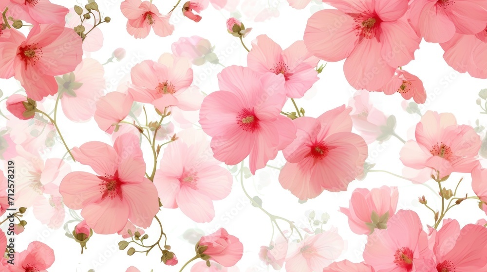  a bunch of pink flowers that are on a white and pink wallpaper with pink flowers on a white background.