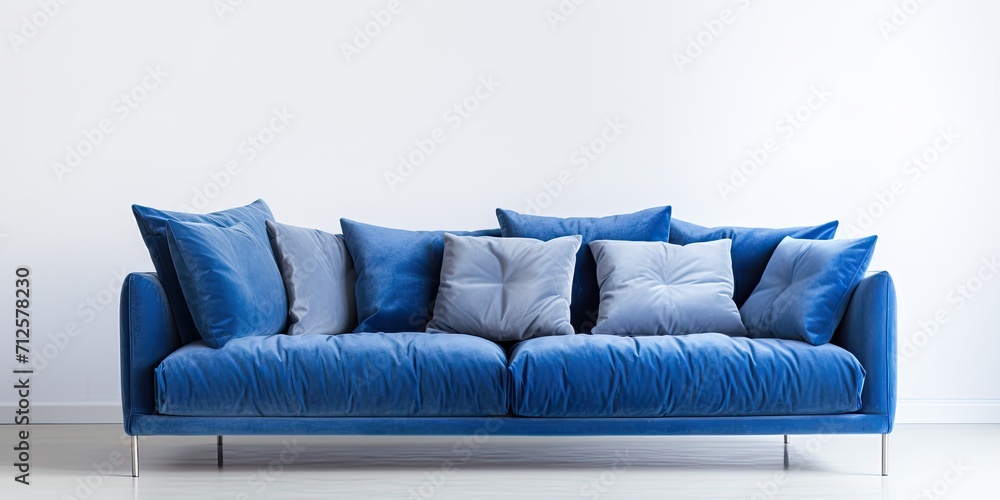 Series of furniture: Blue sofa with pillows, metal legs, white background.