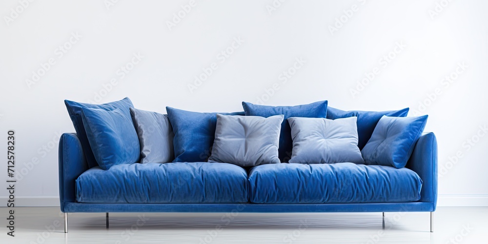 Fototapeta premium Series of furniture: Blue sofa with pillows, metal legs, white background.