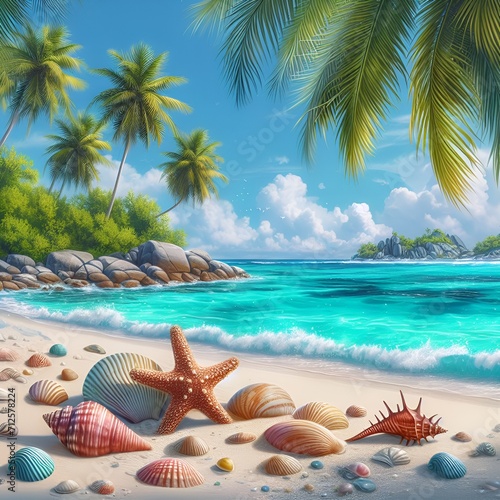 Tropical beach with sea star on sand, summer holiday background. Travel and beach vacation