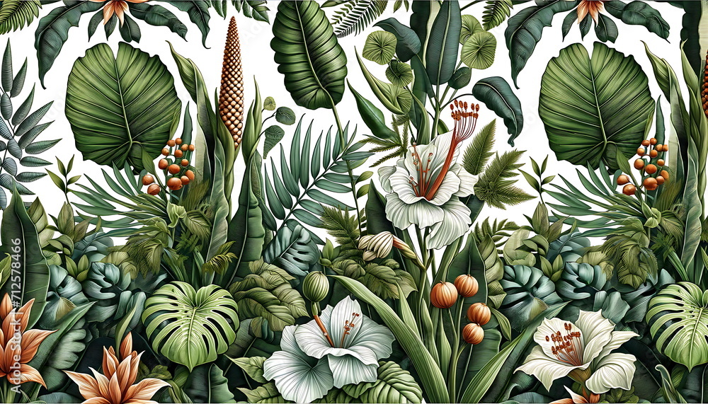 Obraz premium A tropical botanical scene, abundant in various shades of green, featuring a diverse array of foliage and flowers, with a special focus on the iconic Monstera plant. Nature wallpaper background