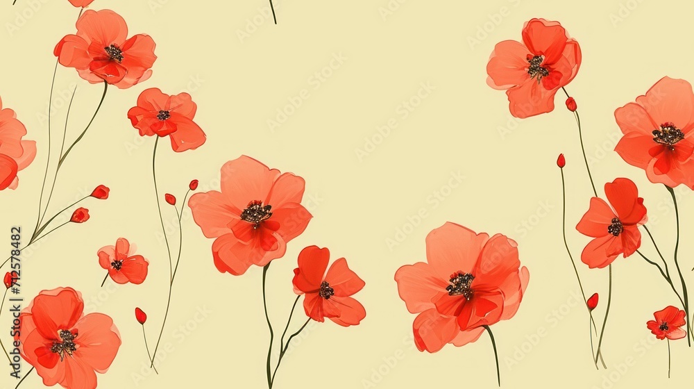  a painting of red flowers on a yellow background with a black line in the middle of the image and a black line in the middle of the image.