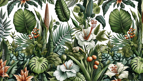 A tropical botanical scene  abundant in various shades of green  featuring a diverse array of foliage and flowers  with a special focus on the iconic Monstera plant. Nature wallpaper background