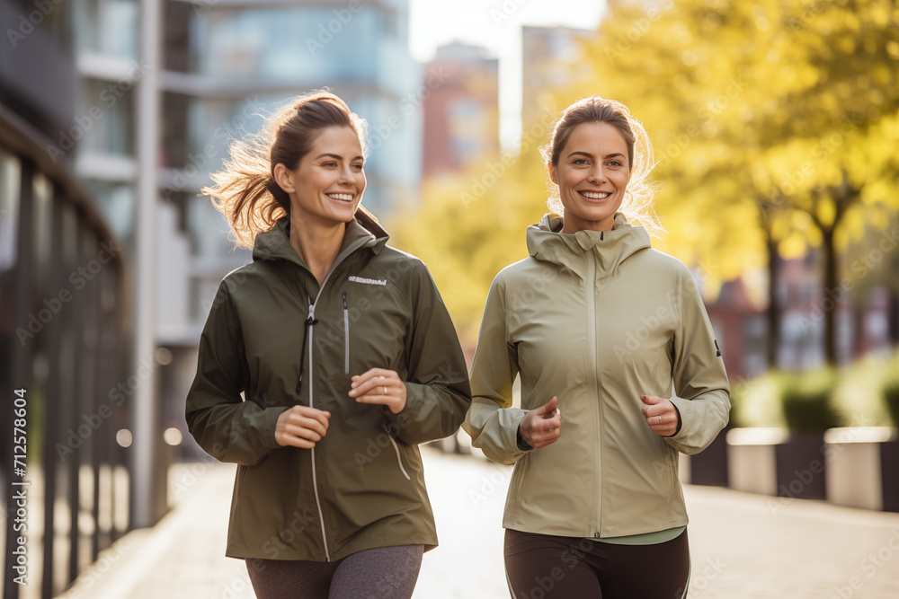 two women jogging together, wearing sport jacket in modern style.