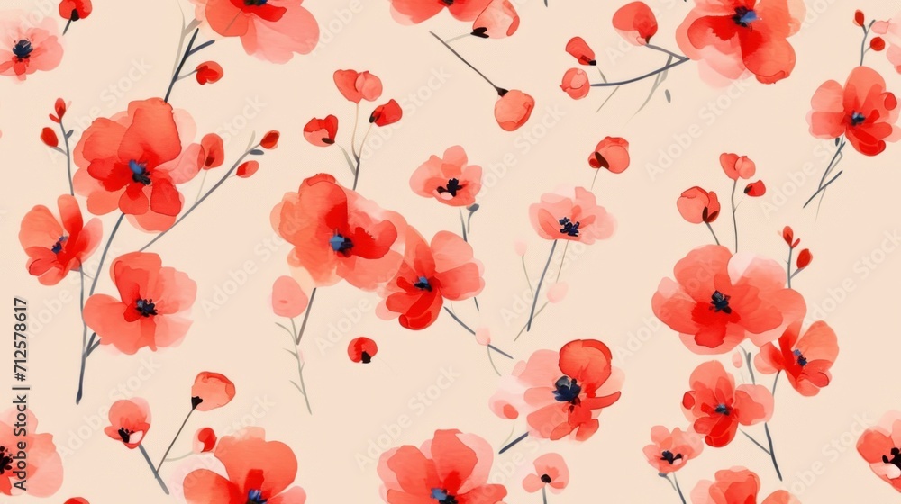  a watercolor painting of red flowers on a white background with a blue line in the middle of the image.