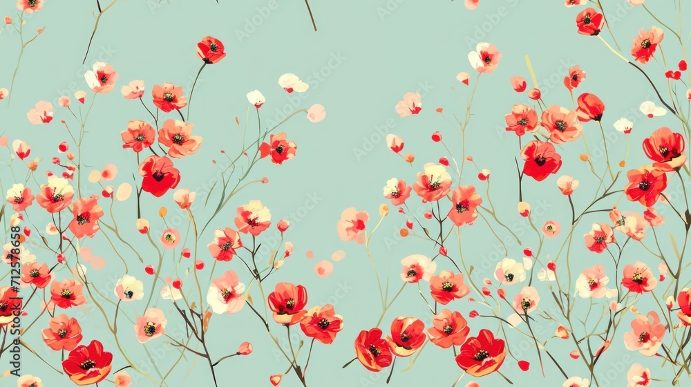  a bunch of red and white flowers on a light blue background with a blue sky in the backround.