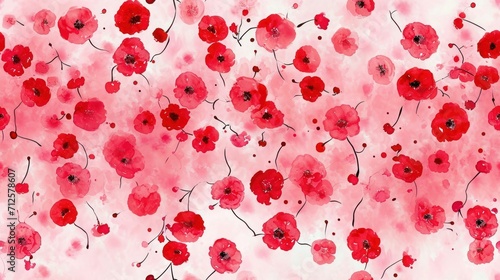  a painting of a bunch of red flowers on a white background with a pink sky in the backround.