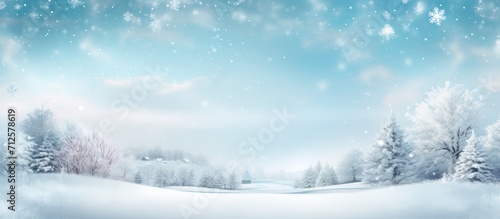 Christmas-themed natural design with a snow-covered winter landscape, falling snowflakes, and a frosty blue background. © TheWaterMeloonProjec