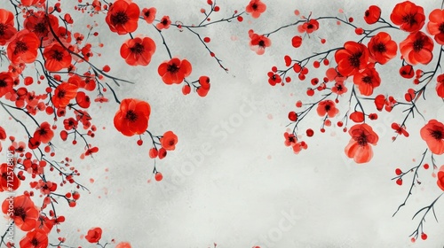  a painting of a bunch of red flowers on a white background with a gray sky in the backround. © Shanti