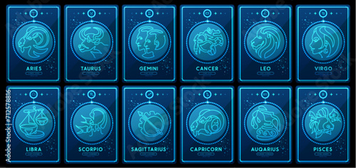 Set of neon modern magic witchcraft cards with astrology zodiac signs in the night sky. Zodiac characteristic. Zodiac icons. Vector illustration