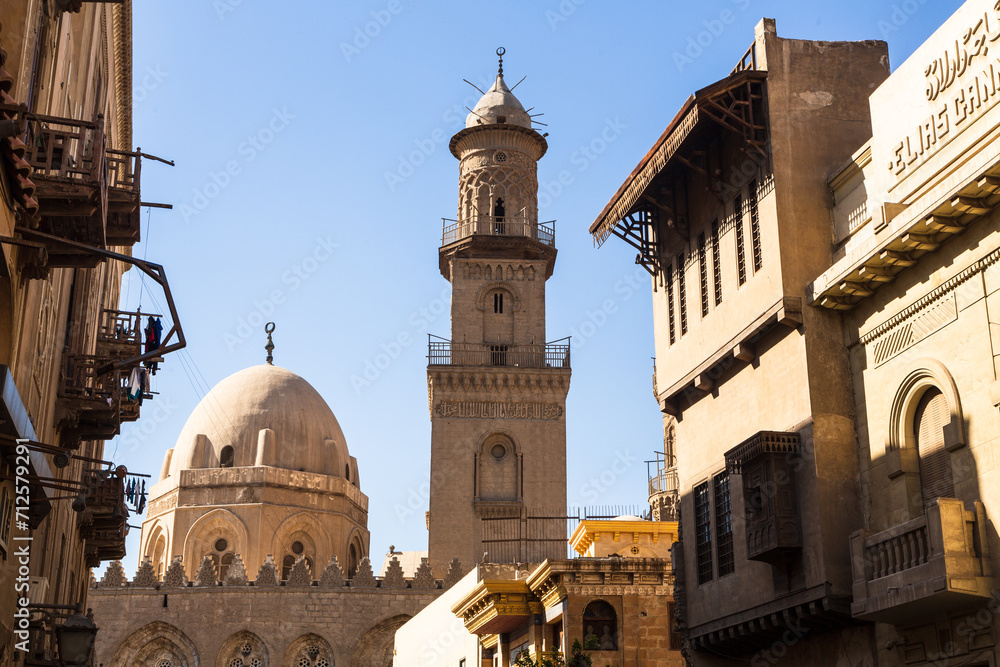 Cairo, Egypt - 7 February 2022: View of  a mosque and minaret in Khan el-Khalili in the city centre