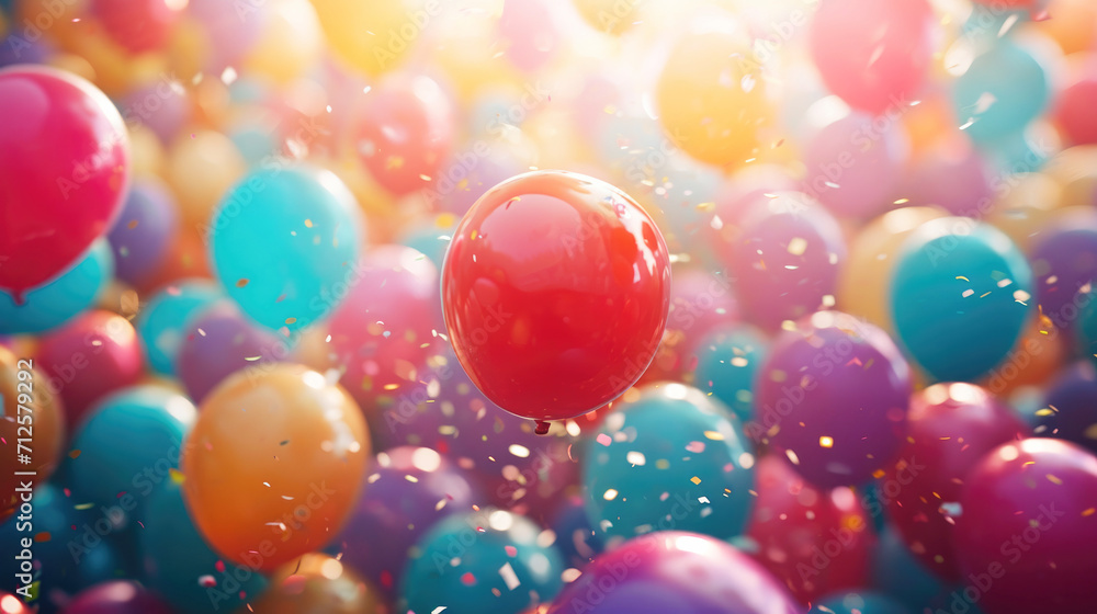 Close-up of a nice red air balloon on a colorful background of different tones globes. Celebration, birthday, party, anniversary concept. Generative Ai