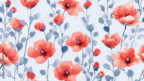  a watercolor painting of red flowers on a light blue background, with leaves and stems in the foreground. © Shanti