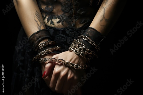 Close up of a woman hands with chains chained to his body