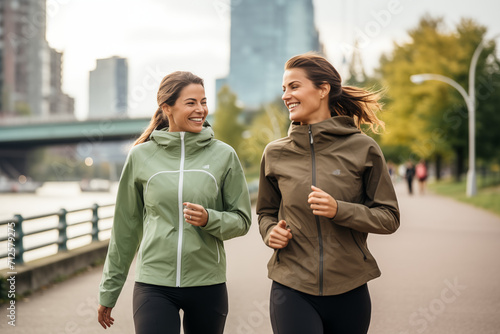 two women jogging on city street, wearing sport jacket in modern style.