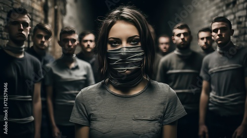 Portrait of a girl in a mask on a background of a group of people
