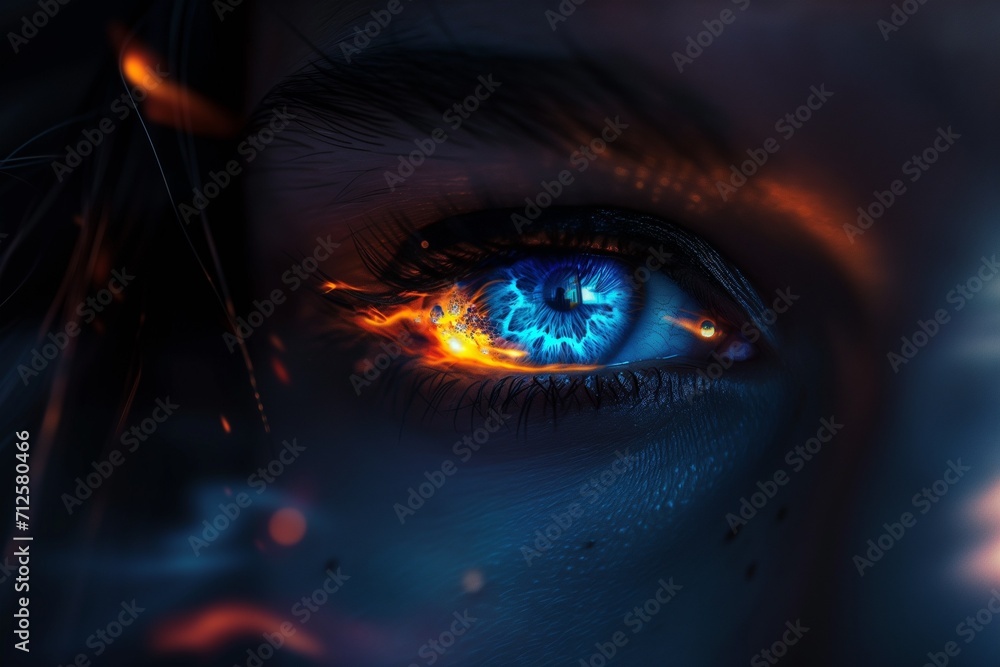 Woman's blue ice eye in the dark. Fire. Piercing eyes. Burning demonic eyes. Fiery Mysterious. Magic, secrecy, mysticism, visual effect. Hypnosis, power of sight. Emotion. Look. Close up. Copy space Woman's blue ice eye in the dark. Fire. Piercing eyes. Burning demonic eyes. Fiery Mysterious. Magic, secrecy, mysticism, visual effect. Hypnosis, power of sight. Emotion. Look. Close up. Copy space