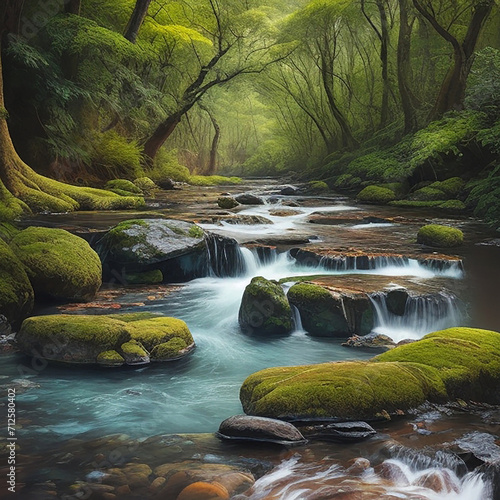 the serene beauty of a Natural View WITH waterfull ai generative photo