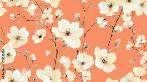 a close up of a pattern of flowers on an orange background with white and gray flowers on a light orange background.