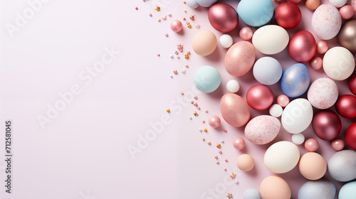 Spring festive composition for Easter. Bright collection of Easter eggs with pearlescent glitter on a pastel background