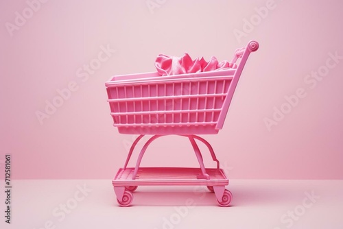 Pink pedestal with shopping cart. Generative AI