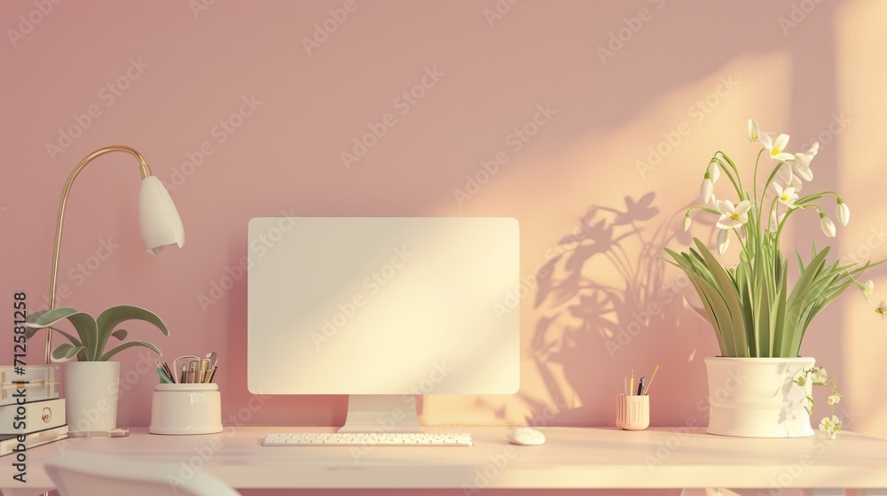 a desktop computer sitting on top of a white desk next to a potted plant and a computer monitor on top of a white desk. a desktop computer sitting on top of a white desk next to a potted plant and a computer monitor on top of a white desk.