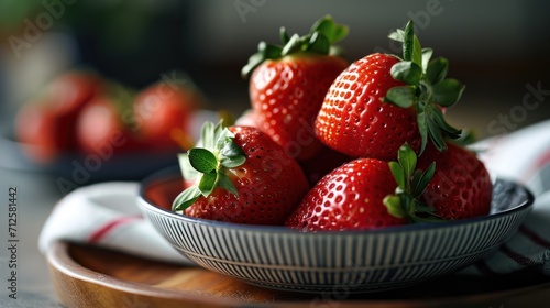  a close up of a bowl of strawberries on a table with another bowl of strawberries in the background.