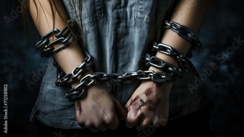 Close-up image of a woman's hands in chains on dark background