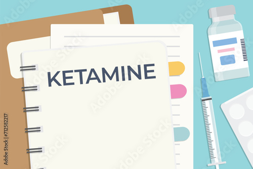 ketamine word written on the spiral notebook, flat lay composition on the doctor desk- vector illustration photo