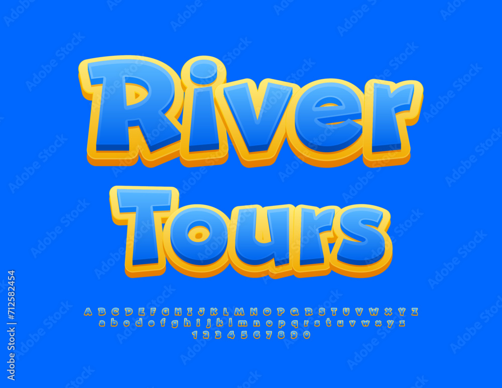 Vector touristic Banner River Tours. Modern Creative Font. Blue and Yellow Bright Alphabet Letters and Numbers set. 