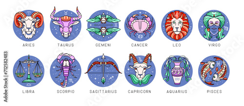 Set of modern cartoon astrology zodiac signs isolated on white background. Set of Zodiac icons. Vector illustration