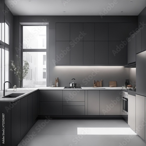 Minimal kitchen with gray cabinets and window  interior design