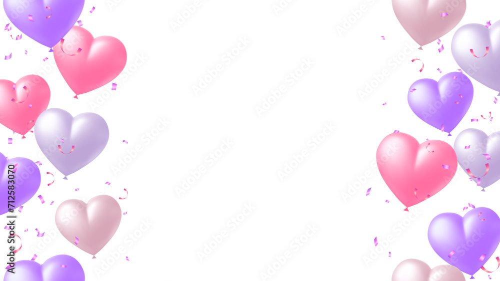 Heart helium balloons and confetti for party, valentines, celebration, holiday