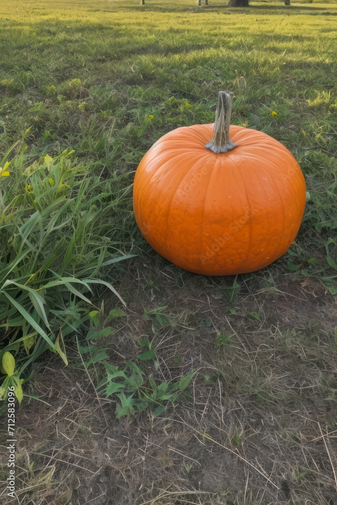 Obraz premium Pumpkin Patch in Autumn: A vibrant scene of pumpkins scattered across a lush field, capturing the essence of fall harvest and the spirit of Halloween and Thanksgiving