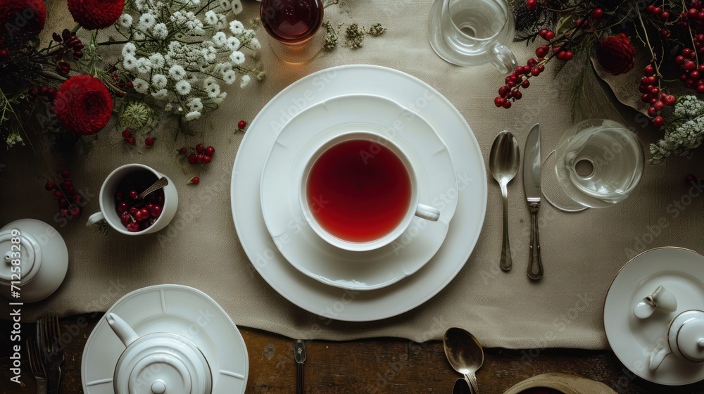 a white plate topped with a cup of tea next to a bowl of berries and a plate with a knife and fork. a white plate topped with a cup of tea next to a bowl of berries and a plate with a knife and fork.