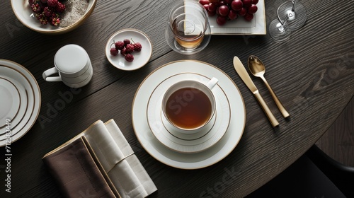  a table set with a cup of tea, plate, and silverware and a plate with berries on it. photo
