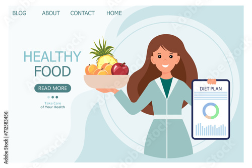 Nutritionist with a diet plan on the phone. Medical concept of healthy eating. Landing page, banner. Cartoon illustration, vector