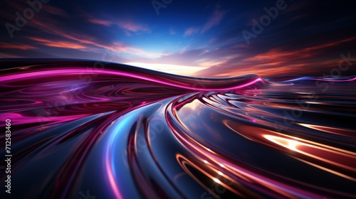 Abstract background with pink and blue neon stripes or ribbons rising up and flowing in the dark, with reflection on the floor .