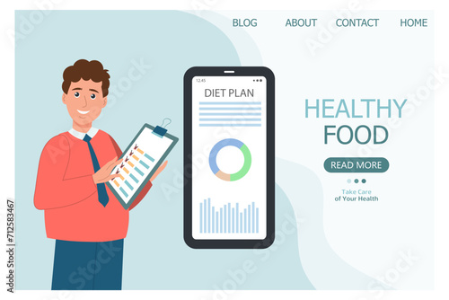 Nutritionist with a diet plan on the phone. Medical concept of healthy eating. Landing page, banner. Cartoon illustration, vector