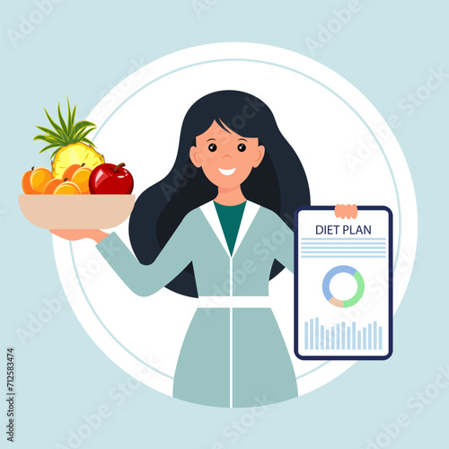 Nutritionist with a diet plan on the phone. Medical concept of healthy eating. Landing page, banner. Cartoon illustration, vector