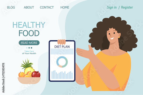Nutritionist with a diet plan on the phone. Medical concept of healthy eating. Landing page, banner. Cartoon illustration, vector