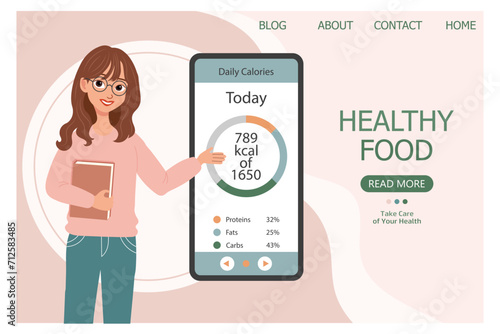 Nutritionist with a diet plan on the phone. Medical concept of healthy eating. Landing page, banner. Cartoon illustration, vector