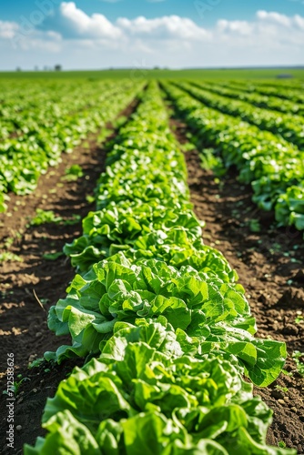 A lettuce plantation on a renewable energy farm on a sunny day. Organic lettuce field in rows in large cultivation area. © Vagner Castro